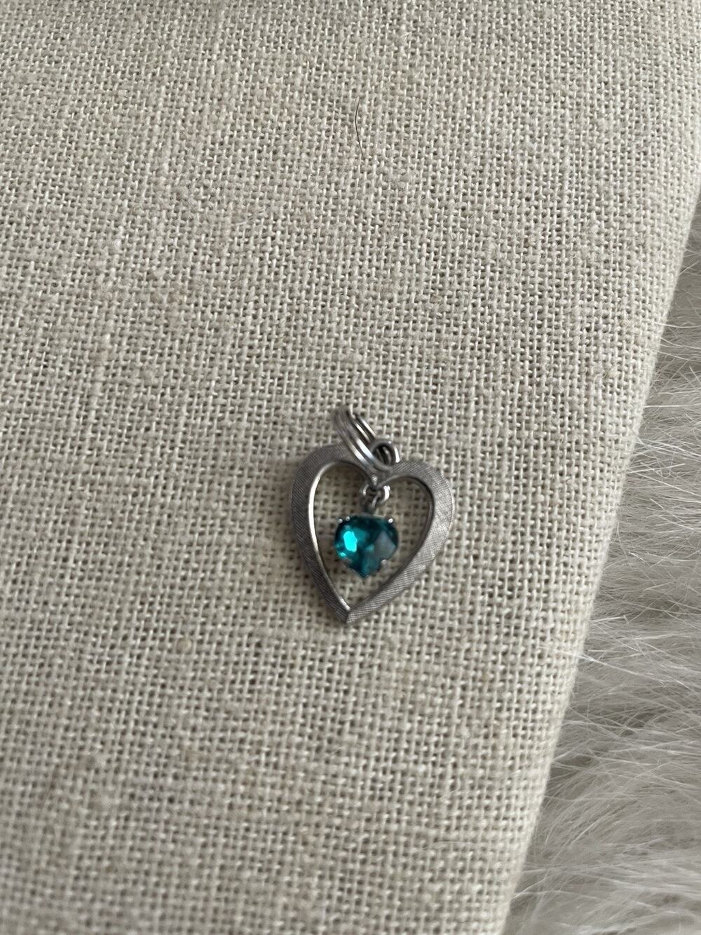 Sterling Silver Heart Charm W/ Gemstone Aqua